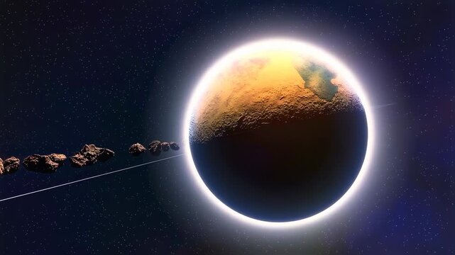 A celestial scene a planet glows with a bright halo, accompanied by asteroids