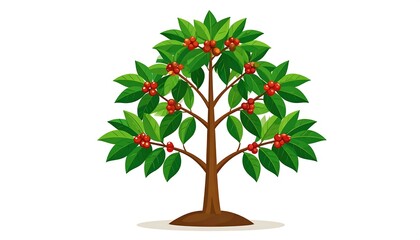 Fototapeta premium Cartoon tree with green leaves and red berries isolated on white background