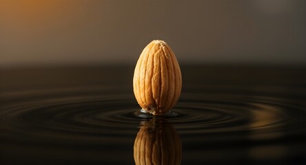 High-detail almond hovering above glossy black water with warm sunlight and reflections