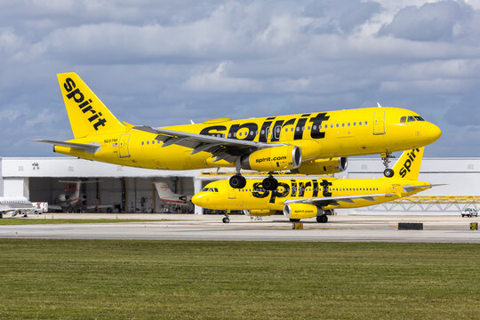 Spirit Airlines Airbus A320 airplanes at Fort Lauderdale airport in the United States