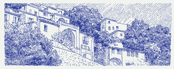 A blue and white drawing of a street with houses and trees. The houses are small and the trees are green. vector illustration