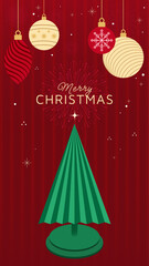 Festive Christmas illustration with hanging ornaments, red background, fireworks accents, and a stylized green Christmas tree. Perfect for holiday cards, seasonal greetings, and winter promotions.