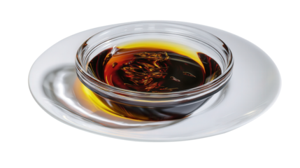 Amber syrup in a small glass bowl on a clean white plate transparent background. Generative AI