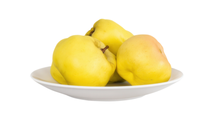 Fresh raw quince fruit on a white plate with transparent background. Generative AI