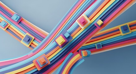 Colorful Abstract Wavy Lines with Intersecting Cubes on a Blue Background.