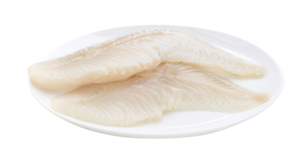 Fresh catfish fillets on a white plate with transparent background. Generative AI