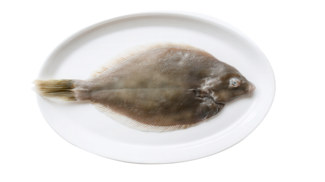Fresh flounder on a clean white plate isolated transparent background. Generative AI