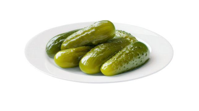 Pickled cucumbers on a clean white plate isolated on a transparent background. Generative AI