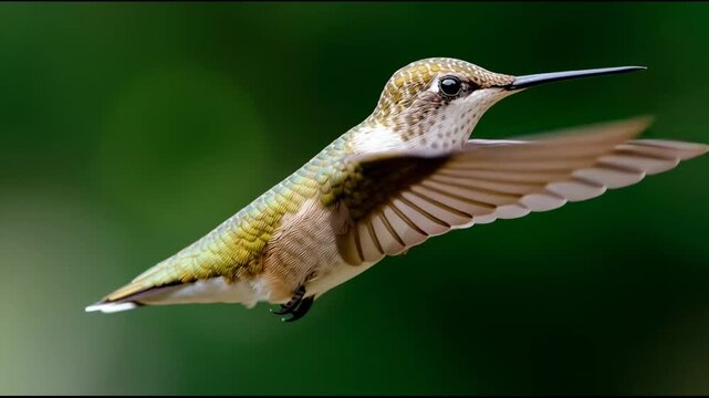 A beautiful hummingbird flits around a garden, displaying its vivid feathers while hovering gracefully above flowers during the day