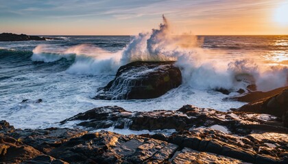 A powerful ocean wave dramatically crashes against rugged coastal rocks under a vibrant sunset sky
