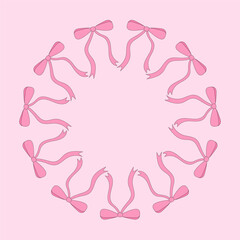 delicate circle frame made flowing pink bows adds charming decorative touch. Perfect for celebration themes, romance, Valentine accents, sweet designs, feminine layout, cards. Vector flat illustration