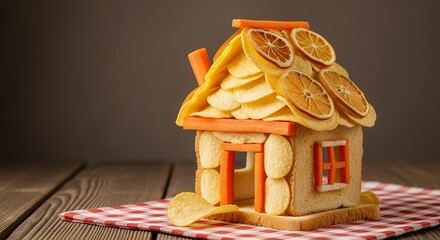 Creative Edible House Made from Bread, Chips, Carrots, and Dried Oranges on a Wooden Table.