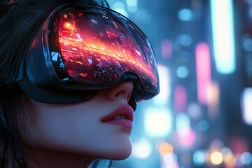 Young person immersed in colorful futuristic experience wearing VR headset, generative AI entertainment