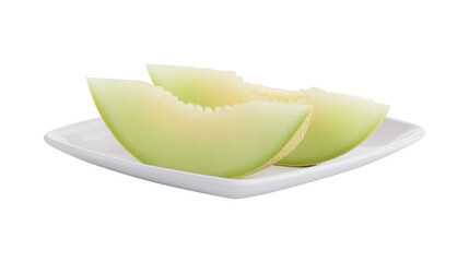 Fresh melon slices on a clean white plate isolated with a transparent background. Generative AI