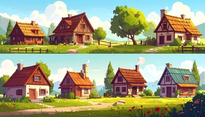 Cartoon village landscape with quaint houses, green meadows, trees, bright sky, and rolling hills in the distance