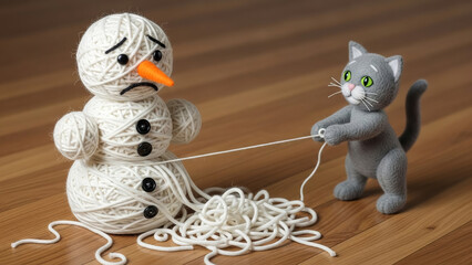 Gray cat pulling string from yarn snowman with carrot nose on wooden surface