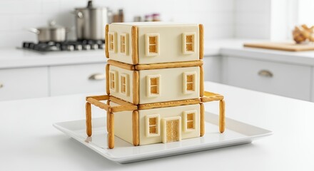 Creative Pretzel and Cake House Structure on a White Platter in a Modern Kitchen.
