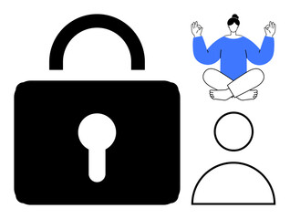 Black padlock for security, user profile outline, person meditating in lotus position. Ideal for privacy, security, mindfulness, identity, wellness mental health meditation. Simple flat metaphor