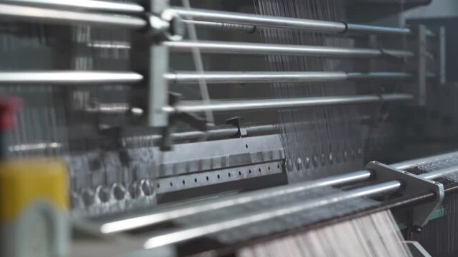 Closeup industrial knitting machine producing fabric, metal needles and yarn move rhythmically under cool factory lighting, stainless bars and servo actuators