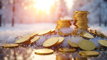 Golden coins stacked in snowy winter landscape representing wealth and opportunity