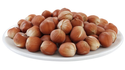 Obraz premium Hazelnuts on a white plate with smooth brown shells isolated on a transparent background. Generative AI