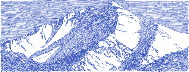 A mountain range is shown in blue and white. The mountains are covered in snow. The mountains are very tall. vector illustration