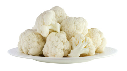 Fresh cauliflower florets on a clean white plate isolated transparent background. Generative AI