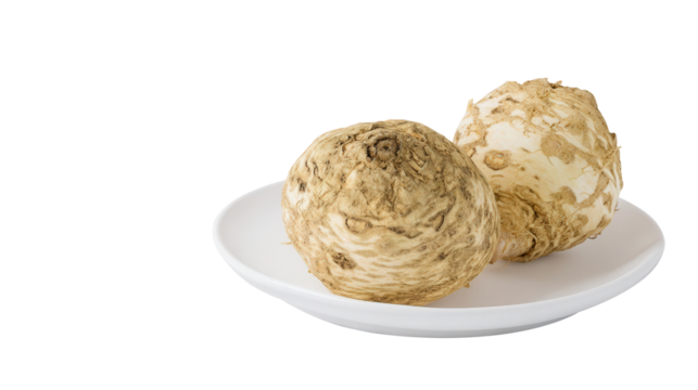 Fresh celeriac root placed on a clean white plate isolated on pure white background. Generative AI