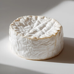 round wheel of soft cheese, likely a brie or camembert, presented in a minimalistic and photorealistic style. The focus is on the texture, lighting, and natural details of the cheese, creating a clean