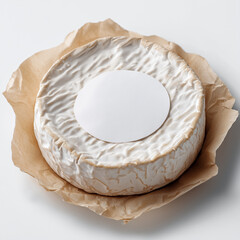 round wheel of soft cheese, likely a brie or camembert, presented in a minimalistic and photorealistic style. The focus is on the texture, lighting, and natural details of the cheese, creating a clean