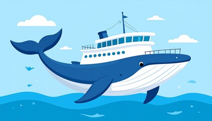 Cartoon Whale transformed into a ship sailing on ocean waves under a bright blue sky with some scattered clouds