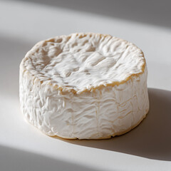 round wheel of soft cheese, likely a brie or camembert, presented in a minimalistic and photorealistic style. The focus is on the texture, lighting, and natural details of the cheese, creating a clean