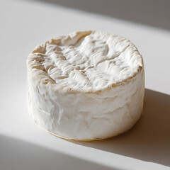 round wheel of soft cheese, likely a brie or camembert, presented in a minimalistic and photorealistic style. The focus is on the texture, lighting, and natural details of the cheese, creating a clean