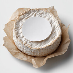 round wheel of soft cheese, likely a brie or camembert, presented in a minimalistic and photorealistic style. The focus is on the texture, lighting, and natural details of the cheese, creating a clean