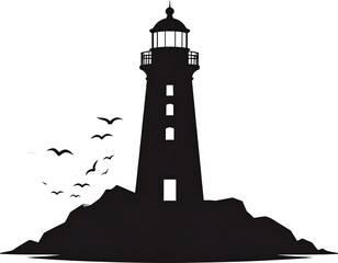 Black silhouette of a lighthouse on rocks with seagulls against a white background