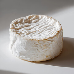 round wheel of soft cheese, likely a brie or camembert, presented in a minimalistic and photorealistic style. The focus is on the texture, lighting, and natural details of the cheese, creating a clean