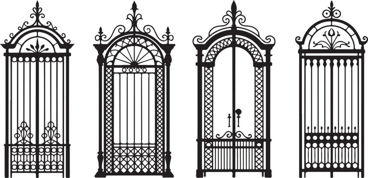 Collection of Four Ornate Black Wrought Iron Gates with Decorative Arches and Picket Fences
