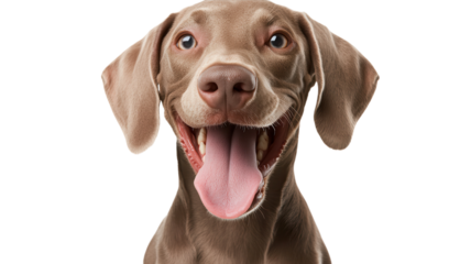 Gray dog with a joyful expression and open mouth looks directly at the viewer in a bright setting.
