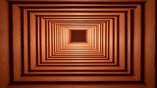 A perspective view of a square tunnel with diminishing squares in brown tones