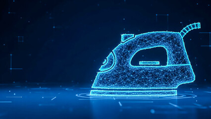 Futuristic glowing blue iron appliance depicted as a connected network of dots and lines, symbolizing smart home integration, AI, and digital lifestyle advancements.