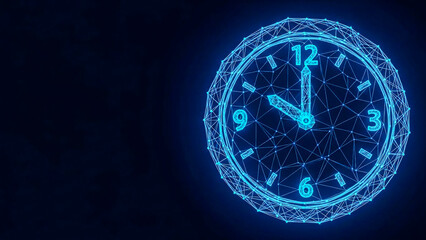 An intricate blue wireframe clock symbolizes the future of time, data flow, and technological advancement, ideal for concepts of precision, planning, and global synchronization.