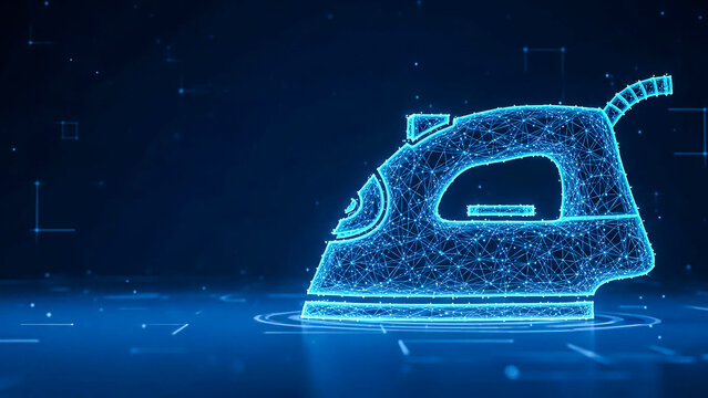 Futuristic glowing blue iron appliance depicted as a connected network of dots and lines, symbolizing smart home integration, AI, and digital lifestyle advancements.