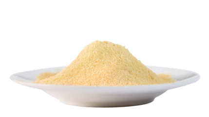 Asafoetida Resin Powder on White Plate Transparent Background. Generative AI