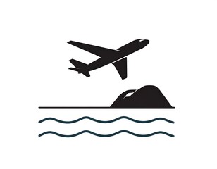 Black silhouette of airplane ascending from coast over rippling waves against white background