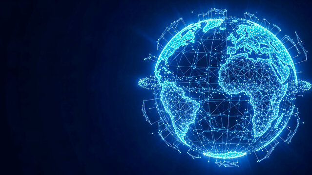 Abstract digital earth sphere illustrating global connectivity, international business, data transfer, and smart technology advancements on a deep blue backdrop.