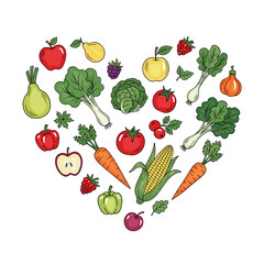 Heart-shaped arrangement of colorful fruits and vegetables on white background  