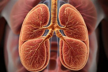 Detailed illustration of human lungs showcasing intricate structure and branching airways, highlighting pulmonary features for educational reference.