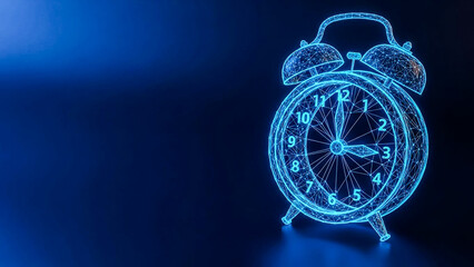 A futuristic digital alarm clock rendered as a glowing blue wireframe, symbolizing precise time management, technological advancement, and upcoming deadlines in a modern context.