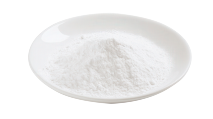 Baking soda powder isolated on a clean white plate ultra-photorealistic crisp light pure white background. Generative AI