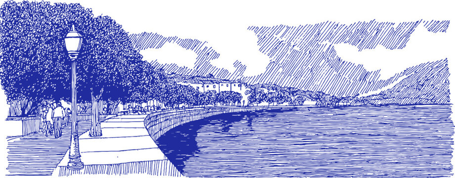 A blue and white drawing of a beach with a walkway and a lamp post. The lamp post is on the left side of the image. vector illustration